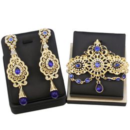 Sunspicems Gold Colour Morocco Bride Jewellery Set for Women Caftan Brooch Pins Long Drop Earring Blue Crystal Arabic Flower Bijoux