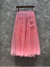 Skirts Ball Gown 2023 Spring Fashion Style Women Elastic Waist Appliques Flower Deco Casual Long Pink Purple Blue Mesh