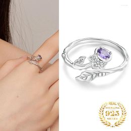 Cluster Rings Fashion Summer 925 Sterling Silver Open Size Bauhinia Ring Purple Zircon Flower Adjustable For Women Romantic Fine Jewellery