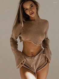 Women's Blouses Knit See Through Cropped Top Drawstring Shorts Suit Flare Sleeve Sexy Two Pieces Sets Women Summer Beach Holiday Clothing