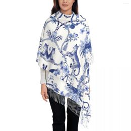 Scarves Playful Menagerie Blue And White Chinoiseire Pattern Scarf Women Luxury Winter Fall Shawl Wraps Porcelain Tassel