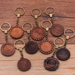 2pcs Round Wood Cabochon Settings Metal Keyring Accessories Diy Blank Wooden Base Trays For Bronze Key Chain