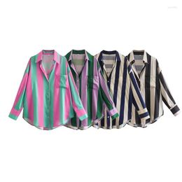 Women's Blouses Women 2023 Spring Fashion Multicolor Stripe Silk Satin Texture Hang Down Long Sleeve Button-up Female Shirts Tops