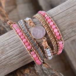 Bracelets Charming Rose Quartz Leather Wrap Bracelets W/ Mix Stone Druzy Multilayers Bracelet Handmade Boho Jewellery Bijoux Dropship