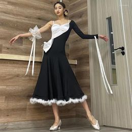 Stage Wear Ballroom Dance Competition Dresses For Women Black White Single Sleeved Practise Clothes Waltz Modern DN14724