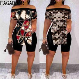 Women's Tracksuits FAGADOER Vintage Print Women 2pcs Clothes Suit Off Shouler Side Slit Top+Shorts Sets Sexy Two Piece Summer Outfits Slim Fit Wear Y23