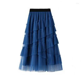 Skirts Tulle Womens Midi Pleated Skirt Black Blue Women 2023 Spring Summer Korean Elastic High Waist Mesh Tutu