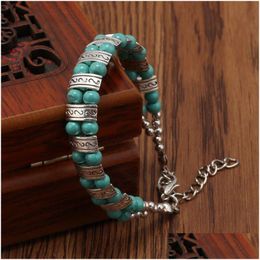 Chain Womens Double Row Beaded Tibetan Sier Turquoise Link Bracelets Gstqb009 Fashion Gift National Style Women Mens Diy Bracelet Dr Dhbye