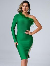 Casual Dresses Sexy Green One Shoulder Long Sleeve Feather Midi Knit Bandage Dress Women Elegant Bodycon Evening Club Party High Quality
