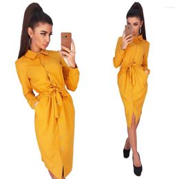 Casual Dresses Fashion Long Sleeve Buttons Shirt Dress Women 2023 Autumn Yellow Green Vintage Ladies Femme Robe