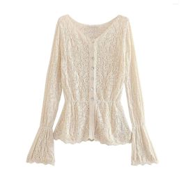 Women's Knits Women 2023 Fashion Summer Jacquard Mesh Long-sleeved Outerwear Retro Single-breasted Flared Sleeve Cardigan Chic Female Tops