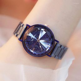 Wristwatches Starry Sky Dial Crystal Watch Women Waterproof Stainless Steel Quartz Roman Scale Multi Cutting Surface Mirror