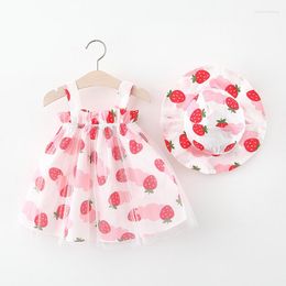 Girl Dresses 4-24Month Summer Baby For Girls Beach Princess Print Sleeveless Cotton Toddler Sunhat Born Clothing Set 2pcs