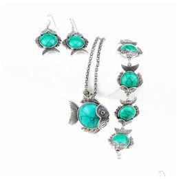 Bracelet Earrings Necklace Womens Fish Tibetan Sier Turquoise Bracelet Set Gstqs005 Fashion Gift National Style Women Diy Jewellery Dhhq0