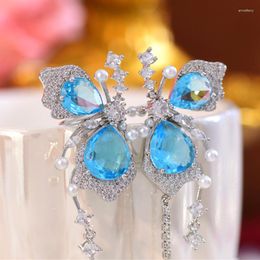 Backs Earrings Luxurious Transparent Blue Big Zircon Inlaid Women Boneless Ear Clip Silver Plated Micro Mosaic Bow Bridal Party Jewellery