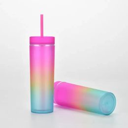 DHL 16oz Straight Acrylic Tumbler with Lid Straw Gradient Colours Plastic Cup 480ml Double Wall Acrylic water bottle BPA Free