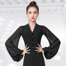 Stage Wear 2023 Women Latin Dance Costumes V-Neck Lace Trim Puff Sleeves Shirts Rumba Tango Chacha Ballroom Practice Clothes DN11301