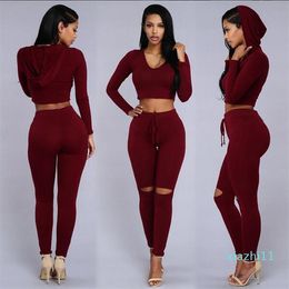Women Two Piece Outfits Pants 2016 Hot Spring Long Sleeve Ripped Bodycon Rompers