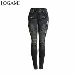 Jeans LOGAMI Skinny Jeans Woman 2018 Ripped Moto Biker Pencil Jeans Womens Denim Pants Black