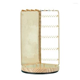 Jewelry Pouches Metal Earring Organizer 360° Rotatable Grid Display Stand With Removable Wooden Rotating Tray For Friends