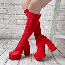 Olomm New Arrival Women Spring Platform Knee Boots Block Heels Square Toe Gorgeous Orange Party Shoes Women Plus US Size 4-10.5