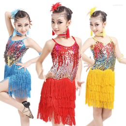 Stage Wear Kids Girls Sequined Latin Ballroom Dance Dress Dancewear Fringe Skirts Costume