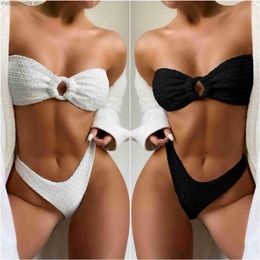 Women's Swimwear Sexy Bikinis 2023 New Solid Ribbed Women's Swimsuits Bandeau Swimwear Women Biquini Female Beach Strapless Ring Bathing Suits T230524