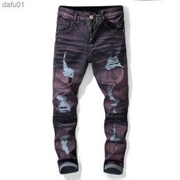 Men's Jeans Men's Jeans Trendy Ripped Purple Men Slim Fit 2021 Tight Ankle Motor Biker Pants Punk Rock Hole Colour Contrast L230520