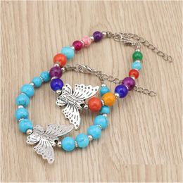 Charm Bracelets Womens Exquisite Butterfly Tibetan Sier Turquoise Gstqb005 Fashion Gift National Style Women Mens Diy Bracelet Drop Dh3Lv