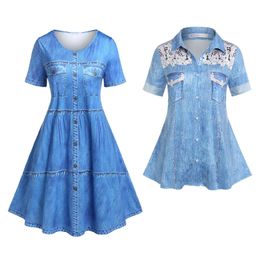 Dresses ROSEGAL 3D Denim Print Mini Tee Dress Fashion ALine Short Sleeves Vestidos Dress Button Up Faux Demin Shirt Tops 5XL