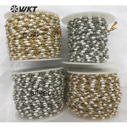 Necklaces WTRBC069 Fresh Water Pearl Rice Shaped Rosary Style Beaded Chain Handmade Wire Wrapping Chain For Making Women Fashion Jewellery