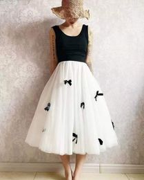 Skirts 2023 Vintage Tulle Skirt Women Elastic High Waist Mesh Pearl Bow Decoration Midi Pleated Tutu Female Jupe Longue