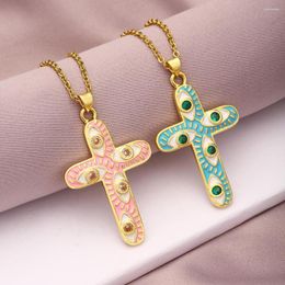 Pendant Necklaces Enamel Christian Jesus Cross Necklace Stainless Steel Chain Gold Colour Women Eye Religion Jewellery Gift