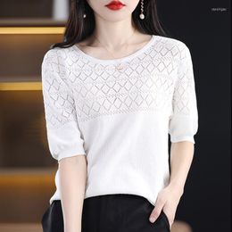 Women's T Shirts Summer Thin Woman's Tees Long Sleeve O-Neck T-Shirt Hollow Top Cool Ventilation Jumper Female Pullover Cotton Knitted