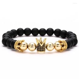 Strand Matte Onyx Hematite Mixed Multi-color Beads White Black CZ Crown Plating 24K Real Gold Bracelet Wedding Birthday Gift For Unisex