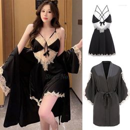 Women's Sleepwear Sexy Lace Kimono Gown Women Chemise Rayon Bathrobe Soft Loungewear Baggy Robe Set Home Dress Intimate Lingerier