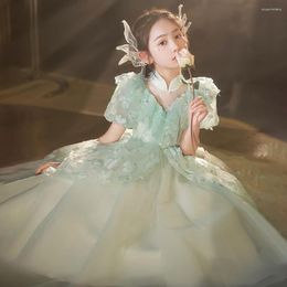 Girl Dresses Fashion Kids Girls Performance Formal Dress 2023 Exquisite Applique Green Tulle Princess Birthday Party Child Ball Gown