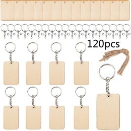 Keychains Blank Rectangle Shaped Wooden Keychain Set Of 120 Unfinished Wood Chip Key Rings Rope DIY Supply