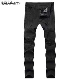 Men's Jeans LALAPANTY representative jeans clothing slp blue/black ripped men's slim fit denim straight biker skinny men ripped pants L230520