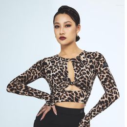 Stage Wear Latin Dance Tops For Women Long Sleeved Leopard Print Round Neck Button Hollow Top Practise Clothes With Chest Pad DQS9859