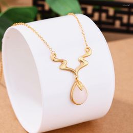 Chains Inspired Ancient Gold Craft Inlaid Natural An White Jade Antler Necklace Water-drop Pendant Court Style Jewellery For Women