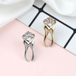 Fashion Tooth Brooches for Women Dress Lapel Pins with Crystal Crown Silver Colour Teeth Dentist Jewellery Button Badges Kids Gifts