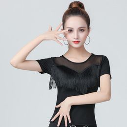 Stage Wear Adult Women Latin Tops Red Short Sleeved Tassel T-shirt Competition Dancewear Ballroom Samba Dancing Practise Costume