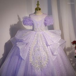 Girl Dresses Exquisite Kids Prom Ball Gown Purple Off The Shoulder Beading Tulle Dress Sequin Lace-Up Chiffon Wedding Party Wear