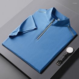 Men's Polos 2023 Men's Summer Loose Lapel Short Sleeve Straight Casual Solid Colour Slit Blue T-shirt