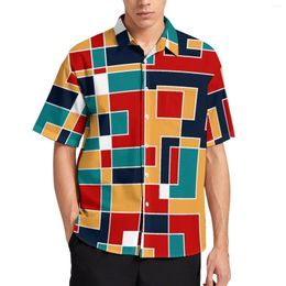 Men's Casual Shirts De Stijl Loose Shirt Men Beach Mod Mondrian Hawaiian Pattern Short Sleeve Funny Oversized Blouses