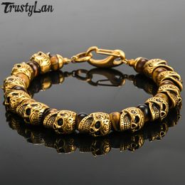 Bangle Natural Stone Skull Beads Bracelet Men Gold Plated Stainless Steel Mens Boys Skeleton Bracelets Biker Jewelry Best Friends Gifts