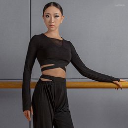 Stage Wear Sexy Latin Dance Tops Women Cross Waits Hollow Mesh Long Sleeve Practise Clothing Samba Rumba Salsa Costume DNV14291