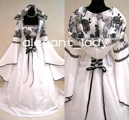 White Black Mediaeval Wedding Dresses Goth Costume Long Sleeve Lace-up Vampire Wicca Fancy Bridal Gown with hat