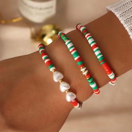 Strand 1 Set ( 3 PCs/Set) Polymer Clay Christmas Jewellery Bracelets Multicolor Imitation Pearl Heart Fashion Gifts 16cm(6 2/8") Long